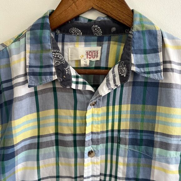 1901 Blue Green Yellow Plaid Button Down Collared Shirt Nordstroms Men's Medium - Picture 11 of 16